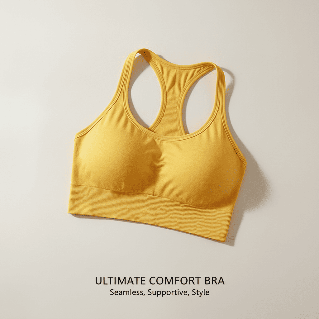 Yellow sports bra on a light beige background with text 'Ultimate Comfort Bra'.